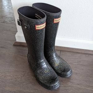 Hunter Starcloud Rain Boots Black Glitter Girls Size 4